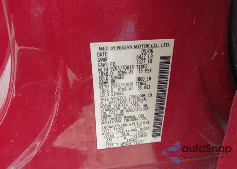 2006 Nissan Titan Se z USA, uszkodzony, nr VIN 1N6BA07A56N561260